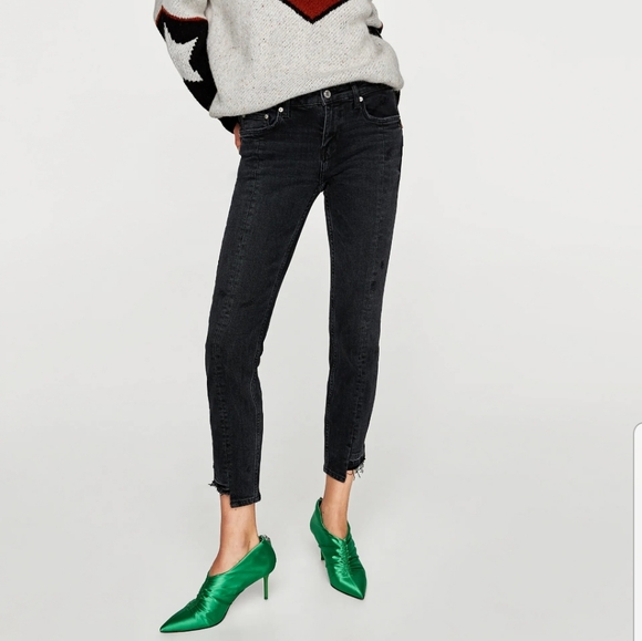 Zara Pants - Zara Woman Distressed Jeans Asymmetrical Hem Black